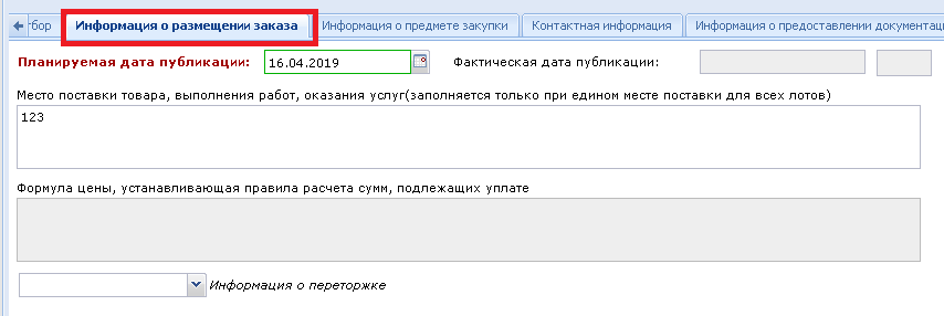 Вкладка «Информация о размещении заказа»