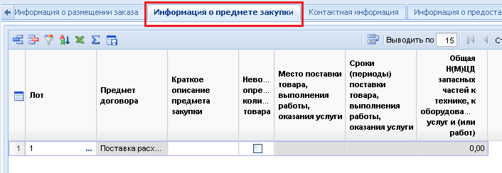 Вкладка «Информация о предмете закупки»