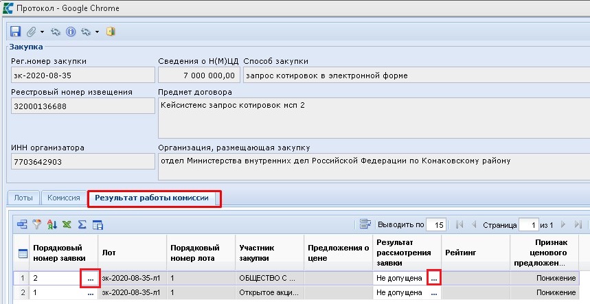 Вкладка Результат работы комиссии