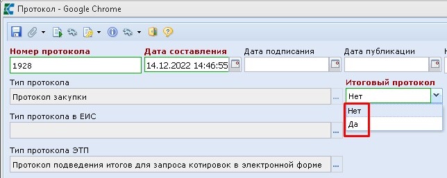 Значение в поле «Итоговый протокол»